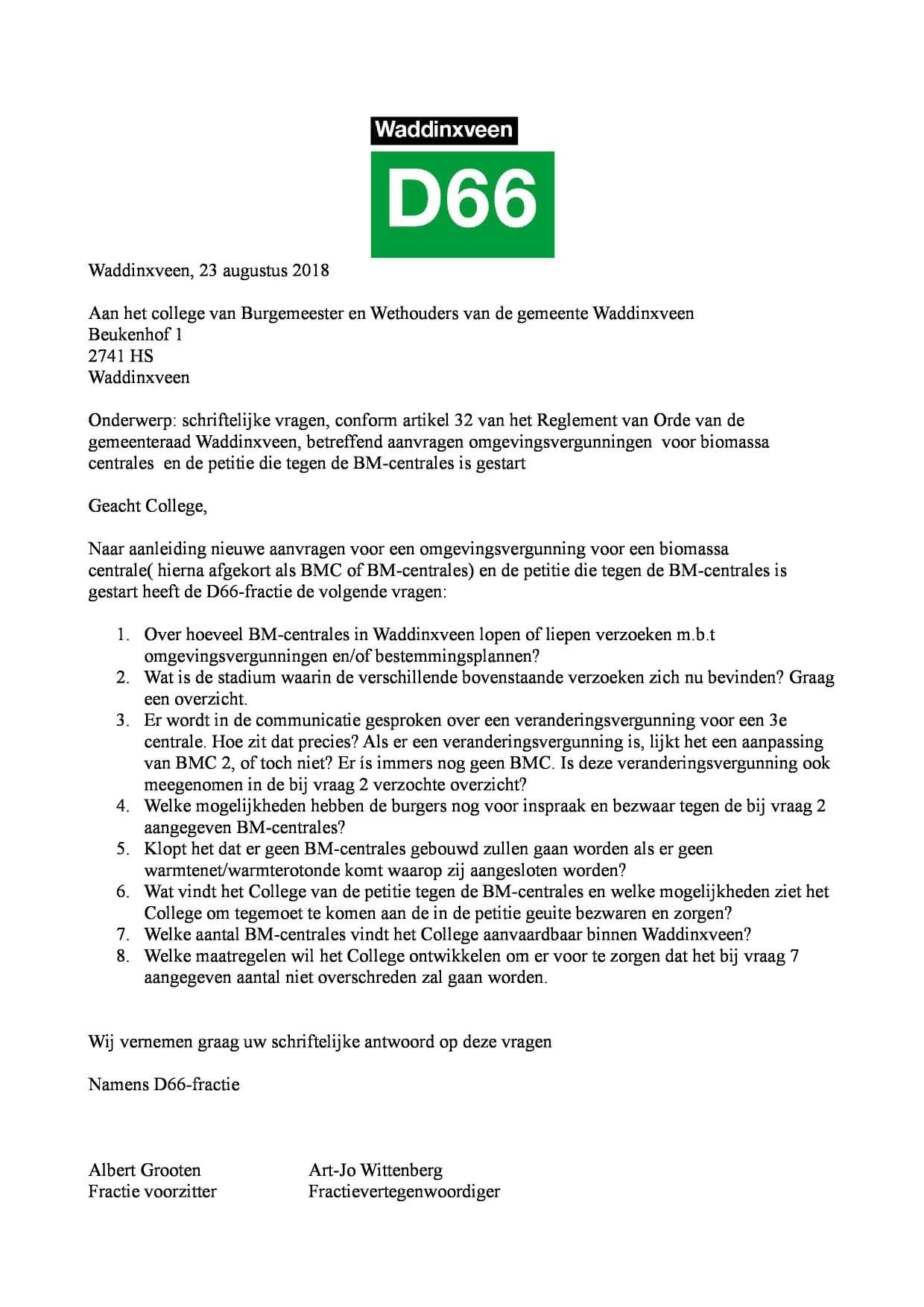 D66 Waddinxveen stelt schriftelijke vragen naar aanleiding van de plannen voor de Biomassacentrales aan 2e Bloksweg en 6e Tochtweg